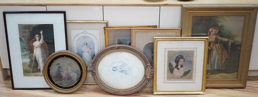 Collection of 19th century prints and mezzotints including George P James, Georgiana, Duchess of Devonshire, signed in pencil, Baxter print of a lady before a landscape and Ellen Jewett, Lady Hamilton as Circe, signed in